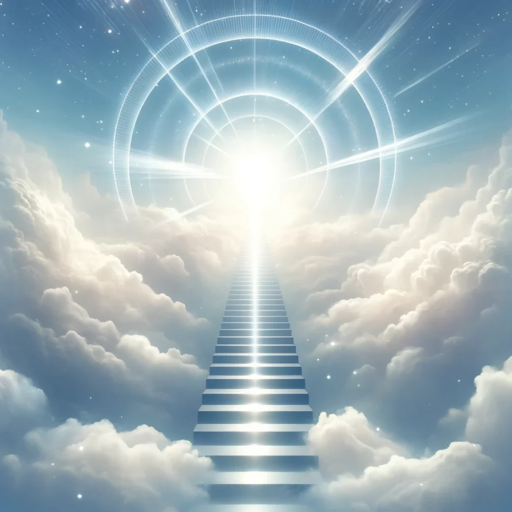 DALL·E 2024-05-28 20.14.39 - A minimalist, abstract representation of ascending to the Akashic Records. The image features a series of floating, ethereal steps leading up into a b